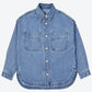 Flat front view of a blue denim shirt jacket with two chest patch pockets, pointed collar and metal button front