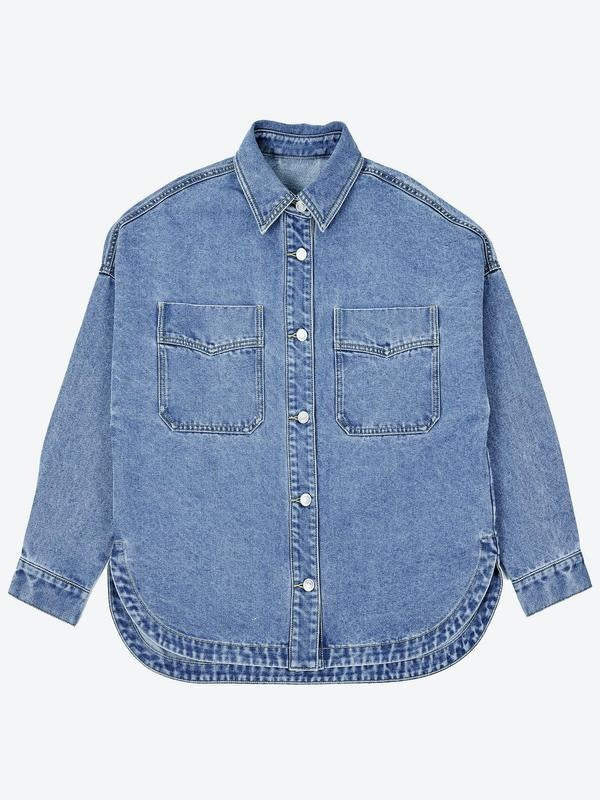 Flat front view of a blue denim shirt jacket with two chest patch pockets, pointed collar and metal button front