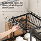 Hand placing a glass upside down on the cup rack of a black double layer dish rack