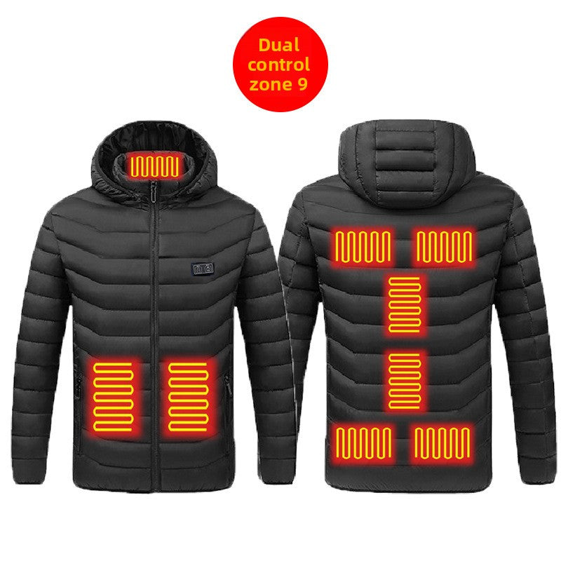 USB heated hooded jacket in black with quilted panels and a straight hem