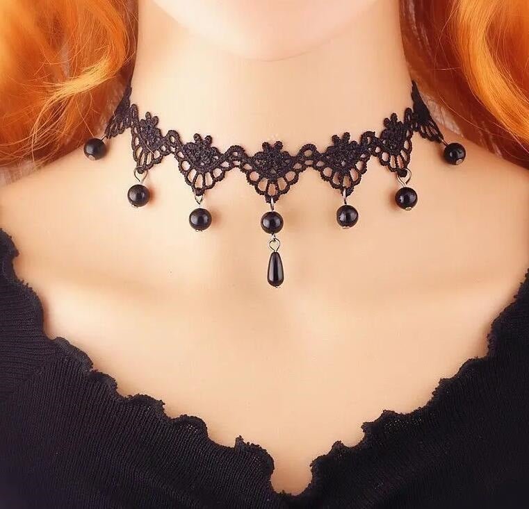 Vintage lace choker necklace with a faceted cabochon centre and hanging bead drops