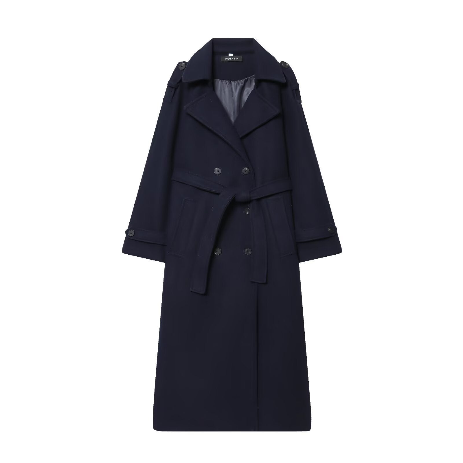 Double breasted belted longline woollen look overcoat, back view of the longline overcoat