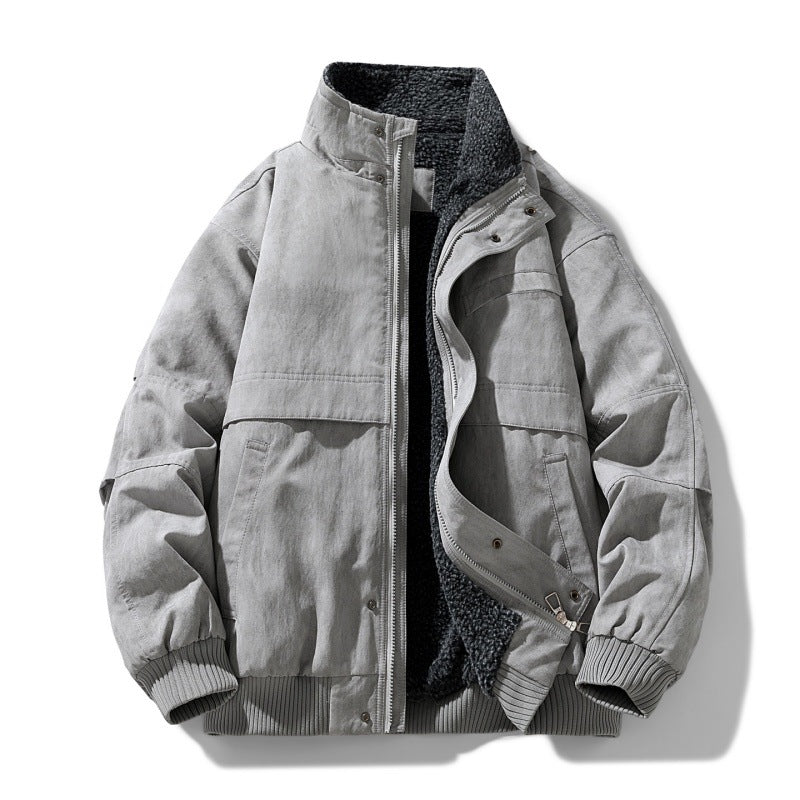 Light gray padded bomber jacket with fleece lined stand collar, snap placket and ribbed cuffs, front view, size M