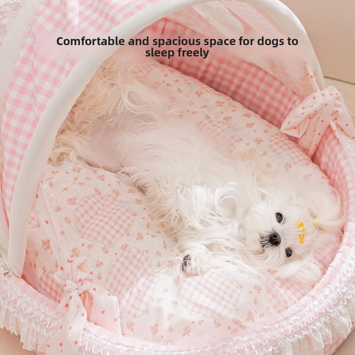 Blue princess style pet bed with soft padded walls for a cat or small dog