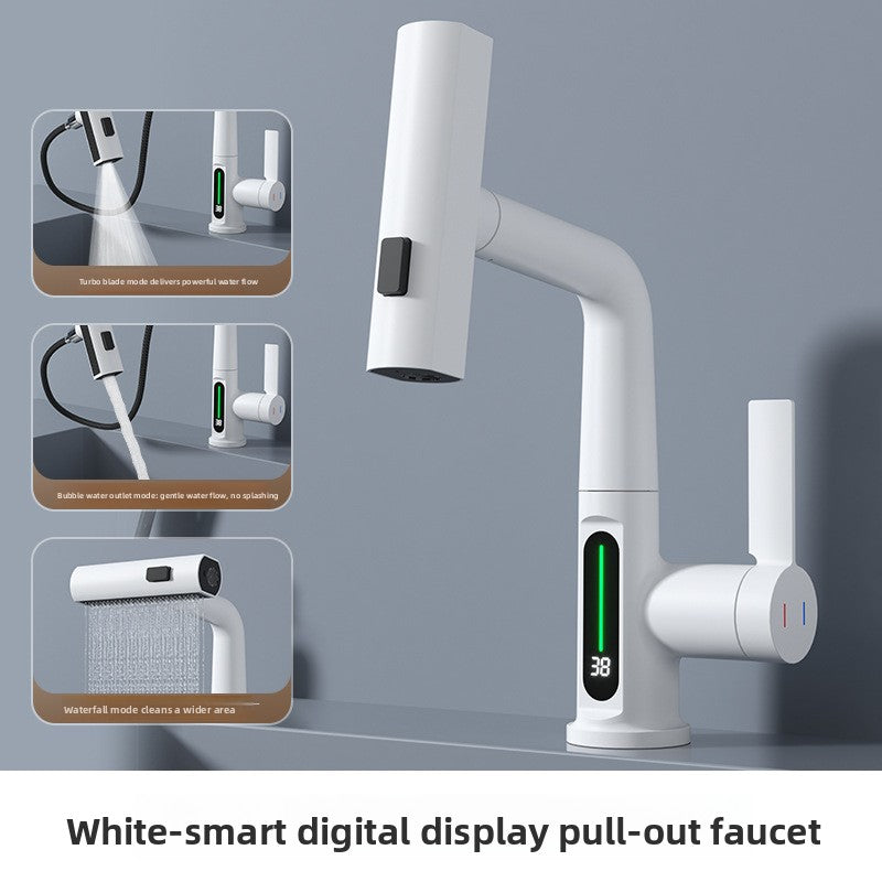 Basin faucet with LED temperature display glowing green over a modern basin