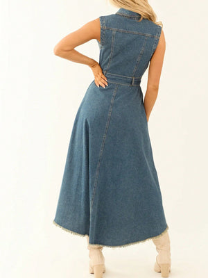 Sleeveless Denim Dress with Adjustable Waist for Casual Day, Trip, Relaxed Outing with Easy Styling | side profile detail...