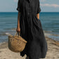 Short-sleeve cotton linen dress shown in a close detail view