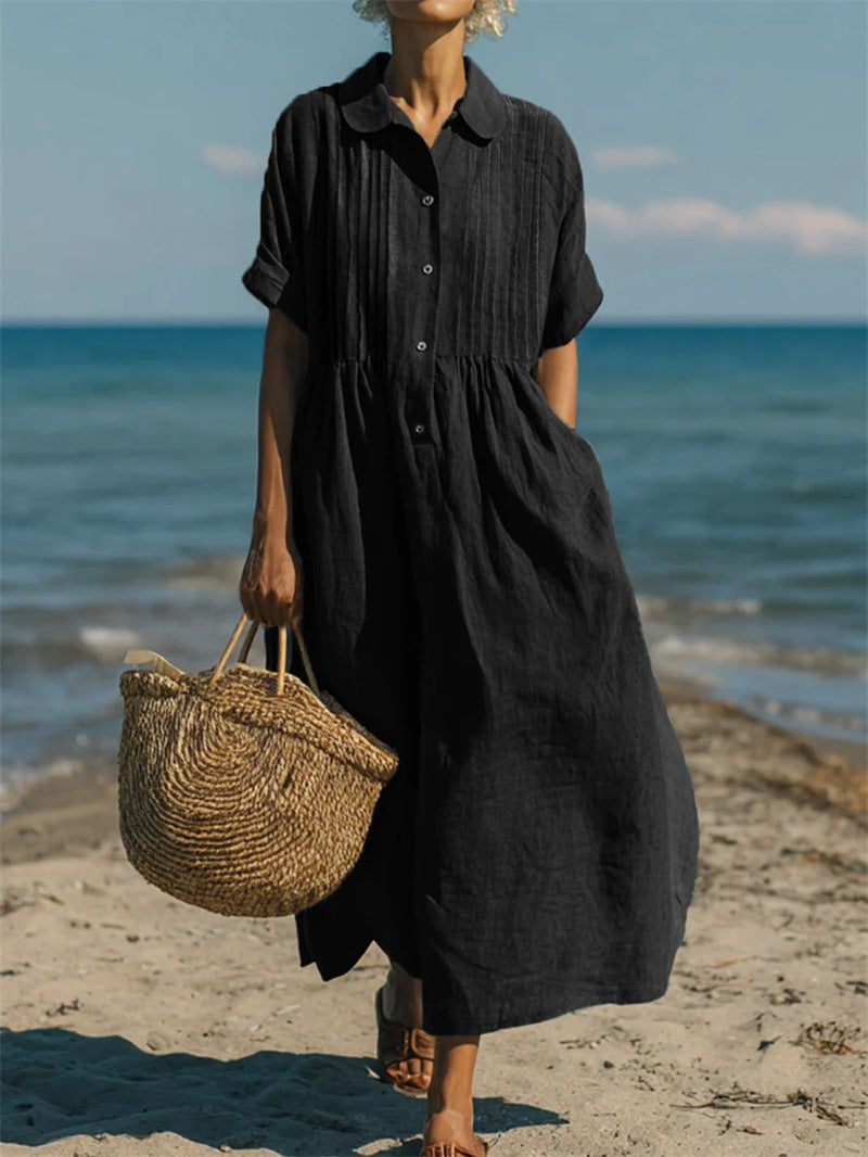 Short-sleeve cotton linen dress shown in a close detail view