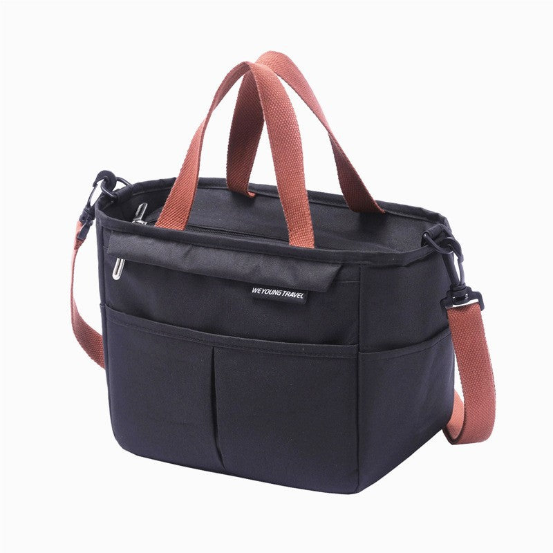 Insulated lunch bag holding a food jar and drink, 23 by 15 by 20 cm padded foil lined interior