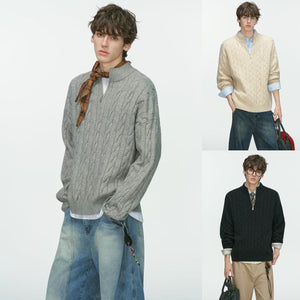 Half zip cable knit sweater in grey, cream and black shown on male models in a three image collage