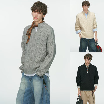 Half zip cable knit sweater in grey, cream and black shown on male models in a three image collage