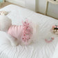 Pink ribbed bodice and cherry print tulle skirt of the dog dress laid flat near a perfume bottle