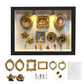 Black shadow box set with six gold mini photo frames, two cherubs and five figurines above the loose pieces, black option