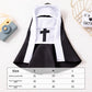 Pet nun costume flat lay with the S, M and L size chart, shown for size S, clothing length 31 cm