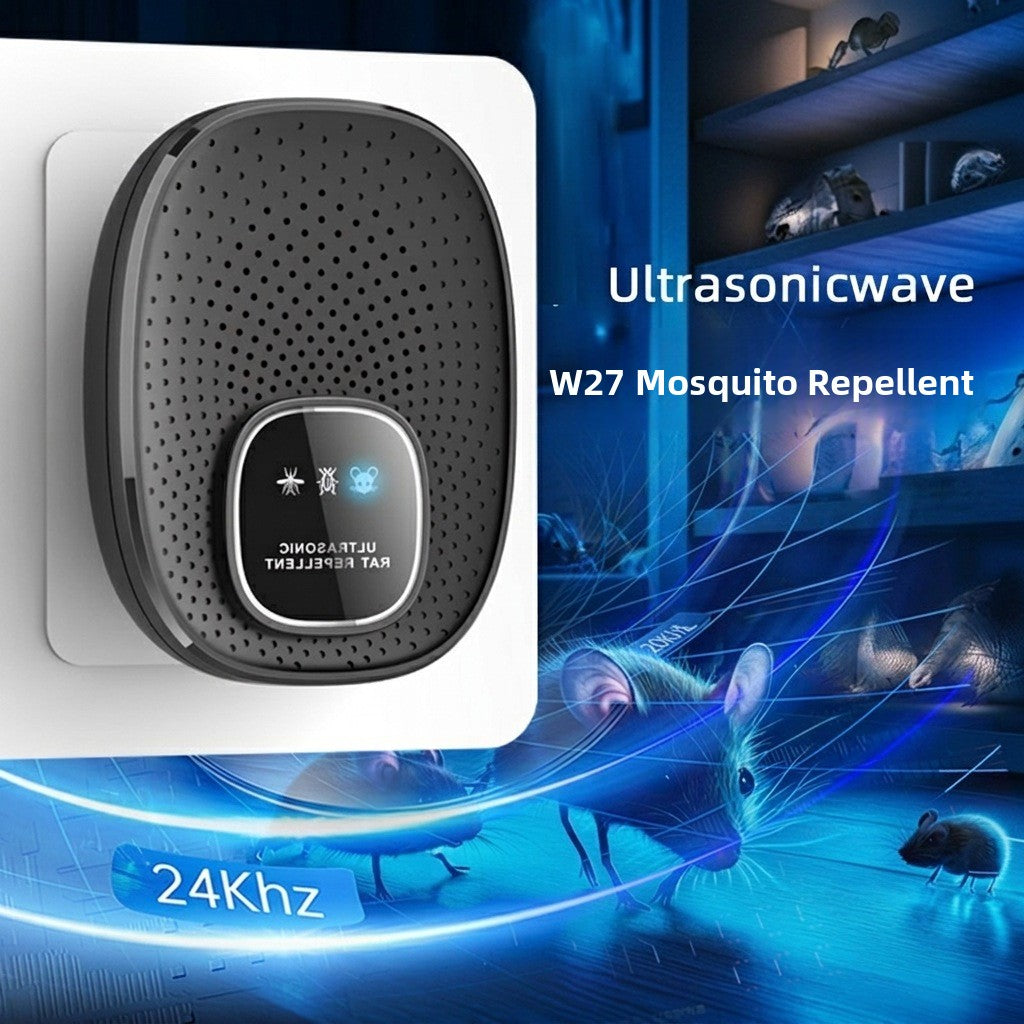 Black ultrasonic pest repeller plugged into a wall outlet