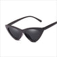 Side angle of black triangular cat eye sunglasses with gray lenses on a white background
