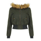 Flat lay of the army green fur hooded bomber jacket with ribbed hem and cuffs and a two way zip