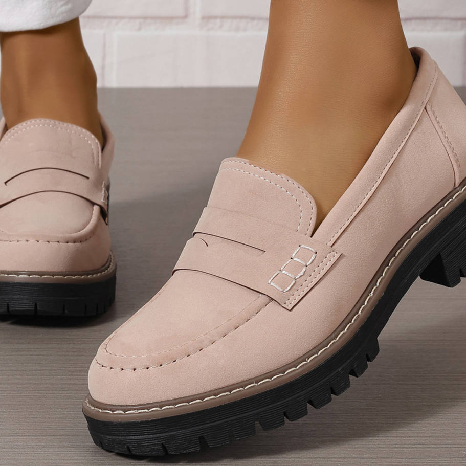 Pink women's penny loafer with chunky lug sole and 4 cm heel, size EU 40 option
