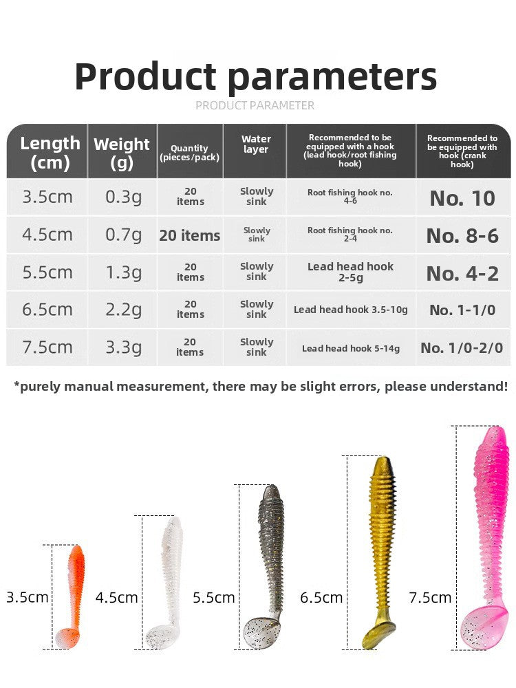 Soft plastic T-tail worm fishing bait shown from the side
