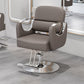 Light beige salon styling chair with silver metal armrests and a hydraulic column base