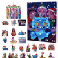 Advent calendar cover with a blue tiger creature and three characters in Santa hats beside 24 ornaments