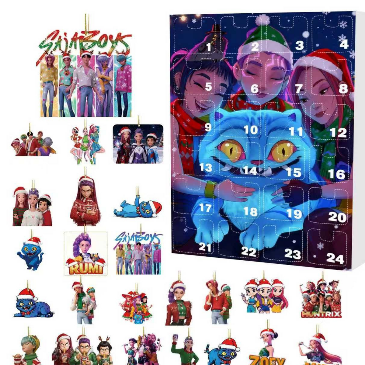Advent calendar cover with a blue tiger creature and three characters in Santa hats beside 24 ornaments