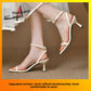 Off-white square toe ankle strap sandals with thin heel and buckle, EU 34 option