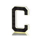 Black and gold solar LED house number sign, one character with a backlit warm outline, three quarter view