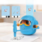 Blue drawing robot copying a rocket card and drawing the rocket outline on paper