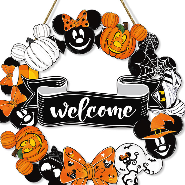 Decorative wooden Halloween door hanger, flat printed board with a cord to hang on a door or wall