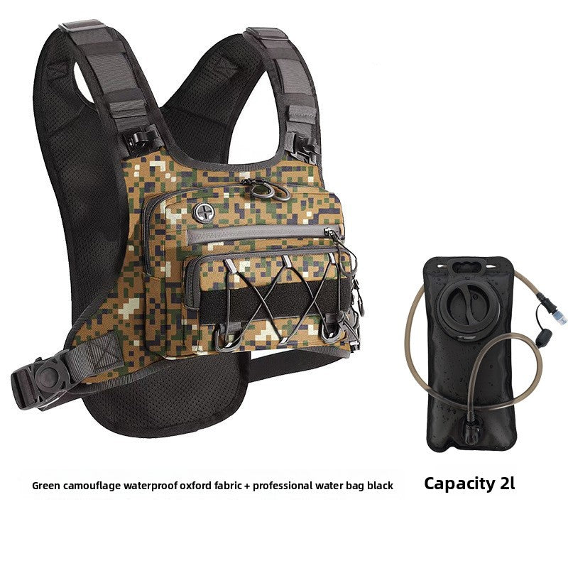 Hydration chest pack with the drinking tube coiled beside it