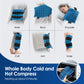 Six panels showing the blue quilted wrap worn on the waist, back, shoulder, calf, arm and knee, with a microwave inset