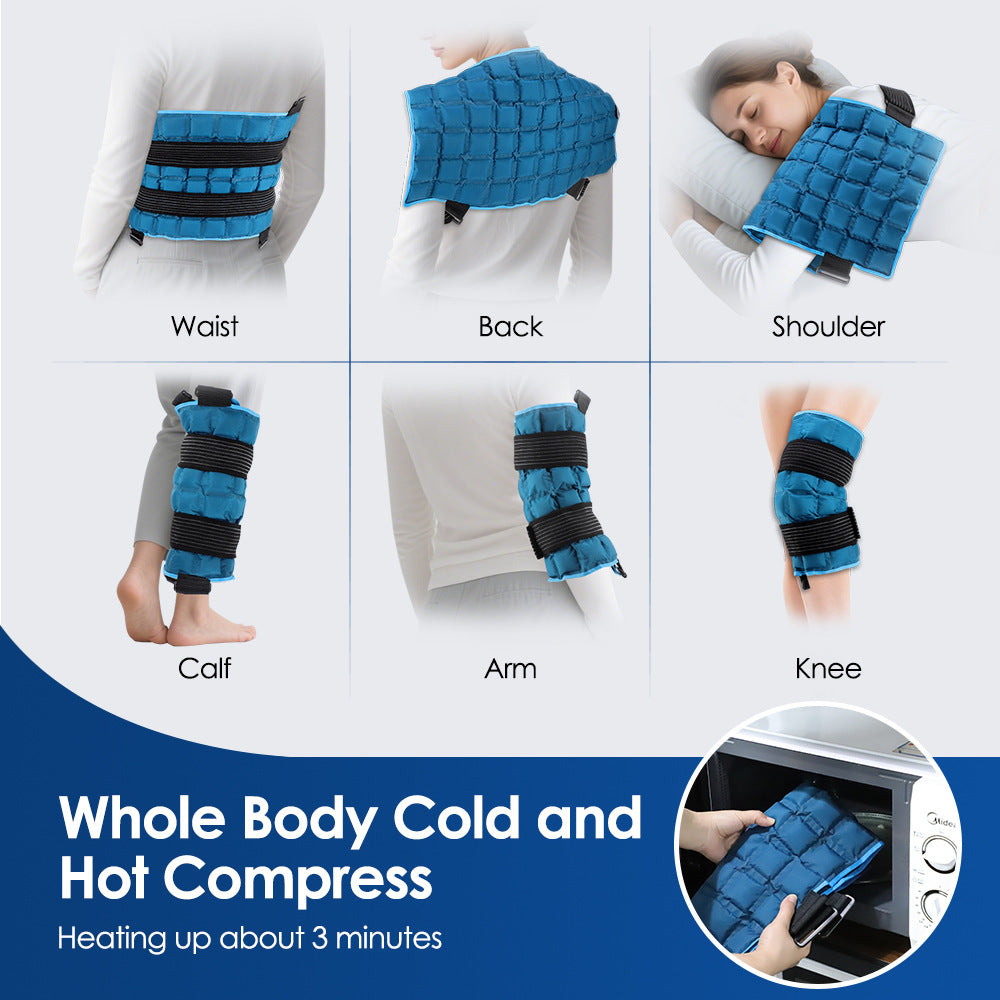 Six panels showing the blue quilted wrap worn on the waist, back, shoulder, calf, arm and knee, with a microwave inset