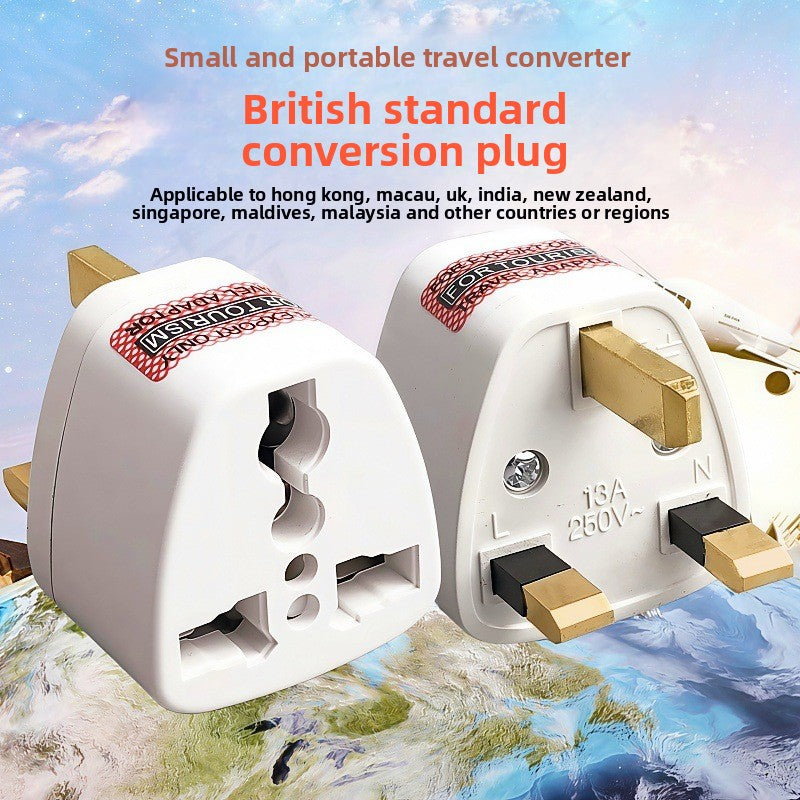 Close up of the three rectangular output pins on the UK style travel plug adapter