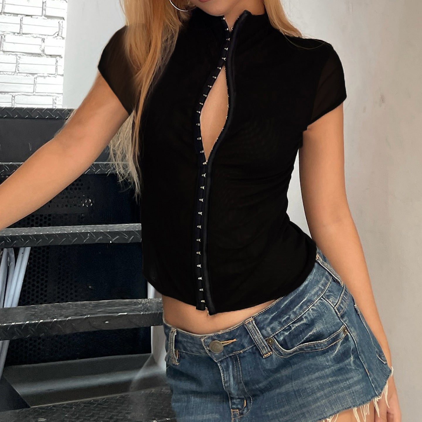 Slim Fit Button Front Sport Top | side profile detail close up