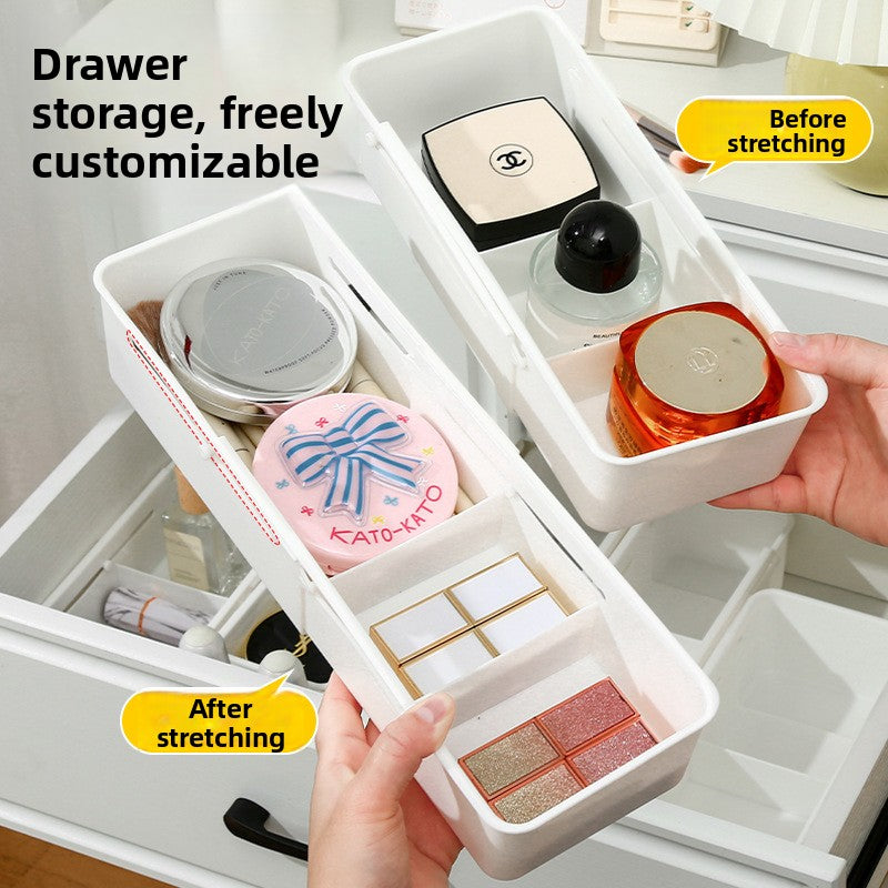 White drawer organizer box shown before and after stretching to a longer length in a drawer