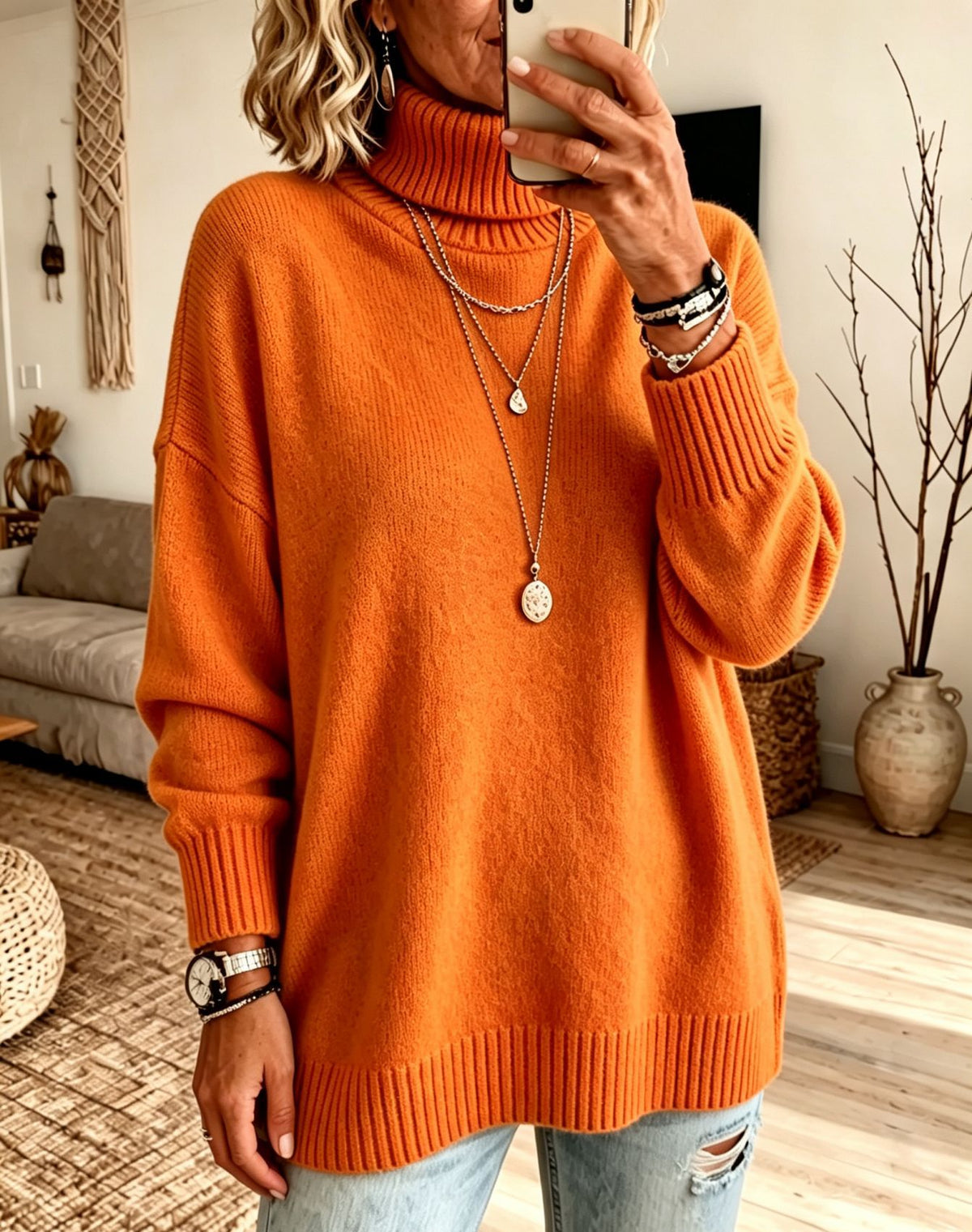 Women's orange turtleneck knit sweater, loose fit with ribbed cuffs and hem, size XL