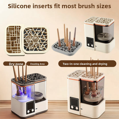 Two in one makeup brush cleaner showing the wash tank and the air dry holder
