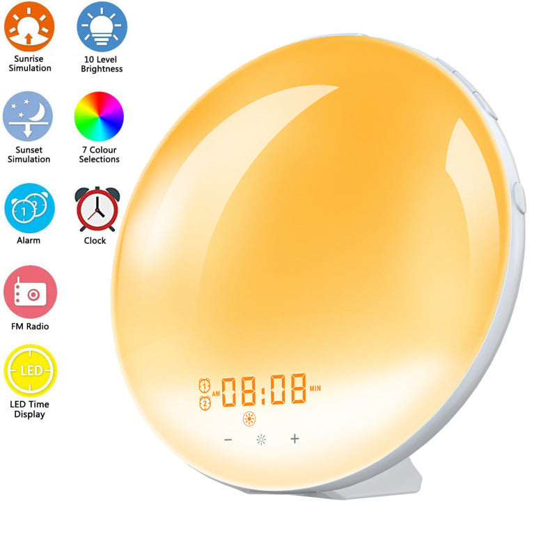 Sunrise alarm clock glowing warm orange with the LED time and brightness controls