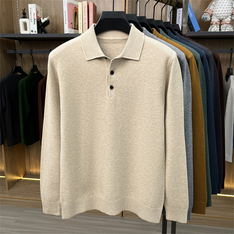 Khaki long sleeve knit polo shirt with three button placket and ribbed hem, size XL