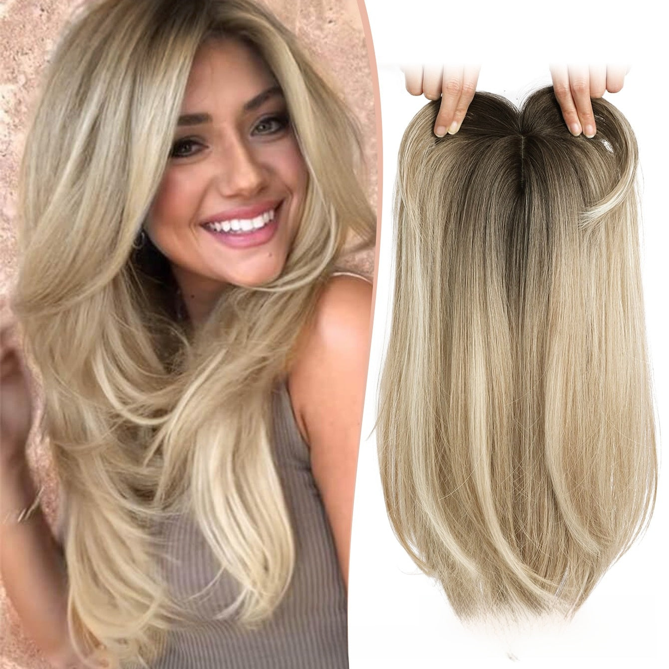 Blonde synthetic hair topper with a dark root on a model beside the straight clip in piece