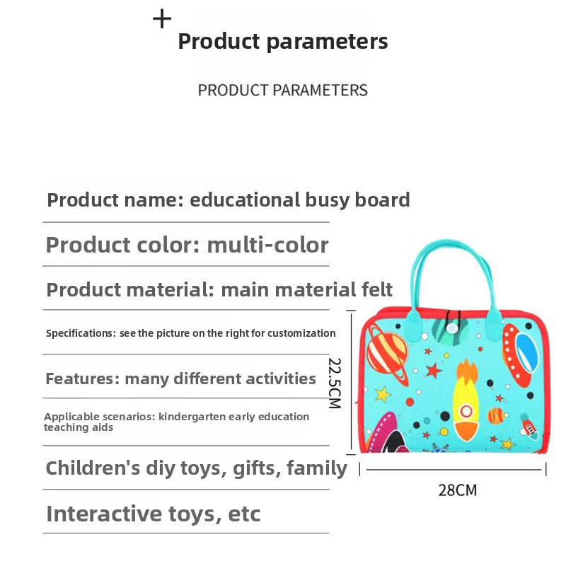 Felt busy board product parameters with the space rocket carry bag and 22.5 by 28 centimetre size note