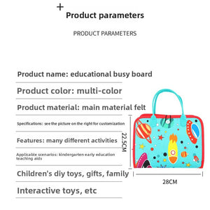 Felt busy board product parameters with the space rocket carry bag and 22.5 by 28 centimetre size note