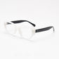White frame with black temples and clear plain lenses at a three quarter angle