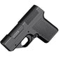 Black plastic cigarette case lighter on a white background with textured grip, ribbed slide and finger loop