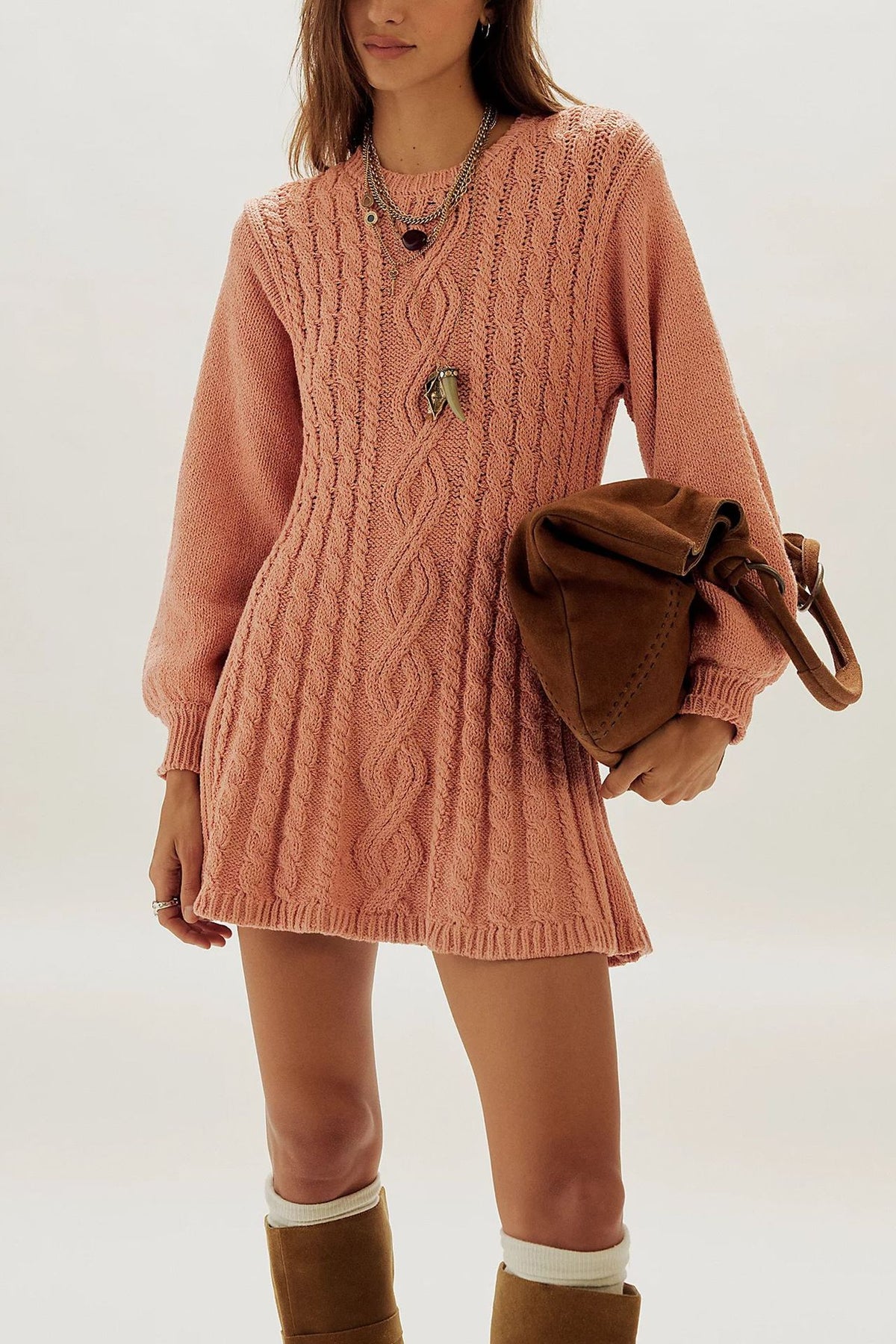 Orange cable knit mini sweater dress with long full sleeves, Orange option, size M