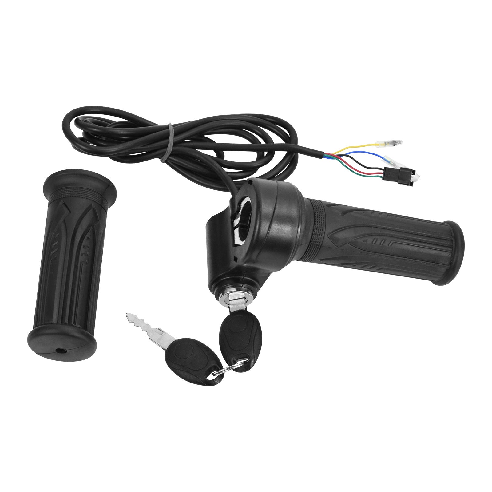 Right hand twist throttle grip with an integrated key lock and coiled wiring lead
