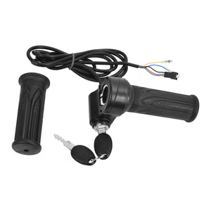 Right hand twist throttle grip with an integrated key lock and coiled wiring lead