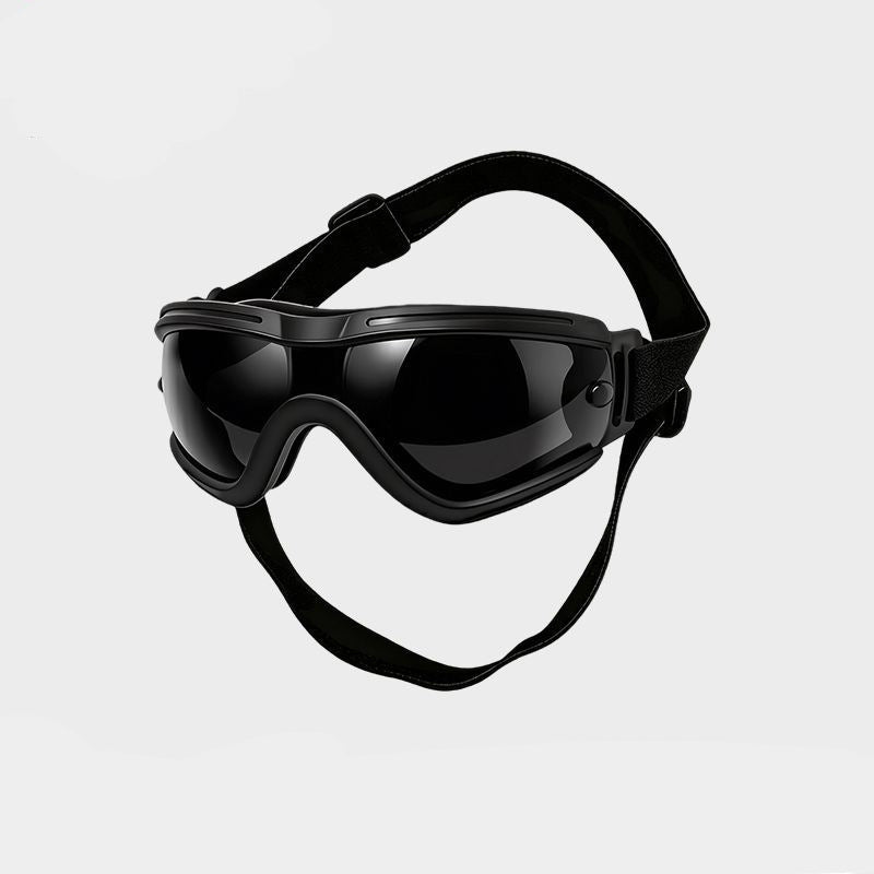 Black frame pet goggles shown from the side with the padded eye rim