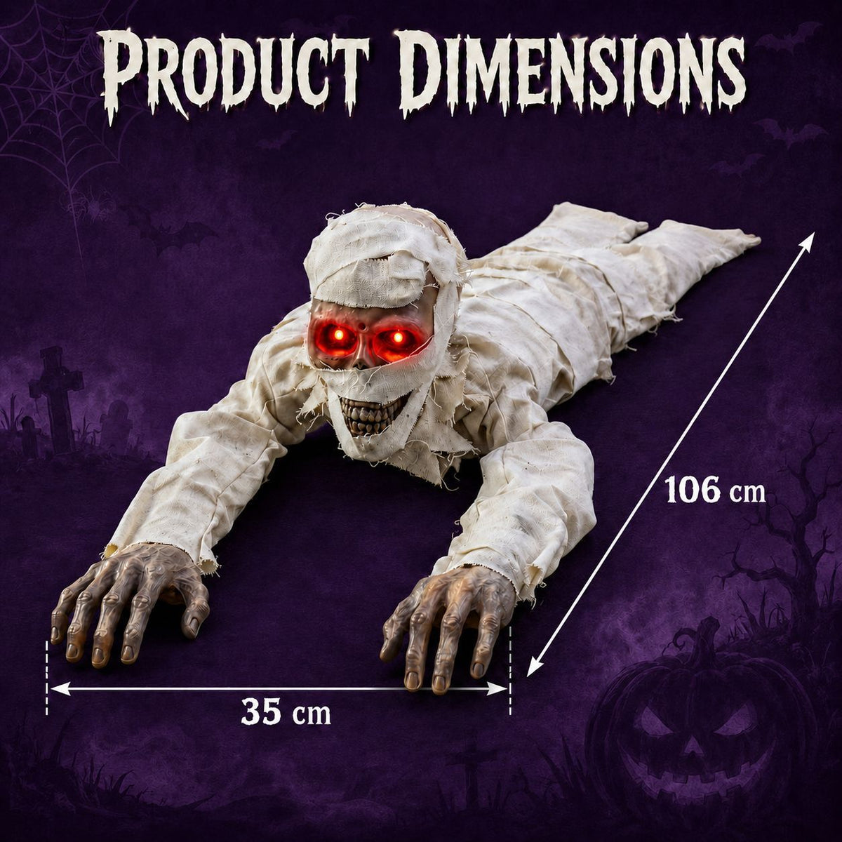 Voice activated crawling mummy in tattered bandages with skull face at night